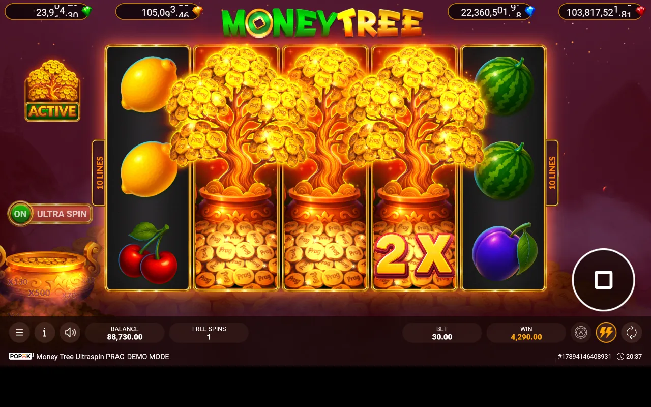 Três árvores expandidas nas colunas do meio do Money Tree Ultra Spin PRAG durante a compra de 350x, uma delas com 2X