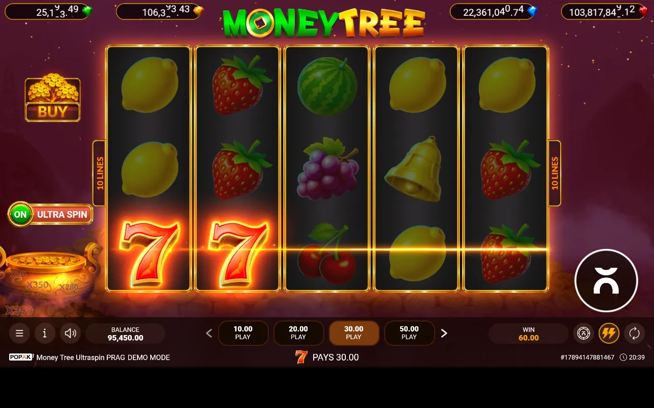 Dois Setes vermelhos na linha de baixo do Money Tree Ultra Spin PRAG devolvendo exatamente o valor da aposta