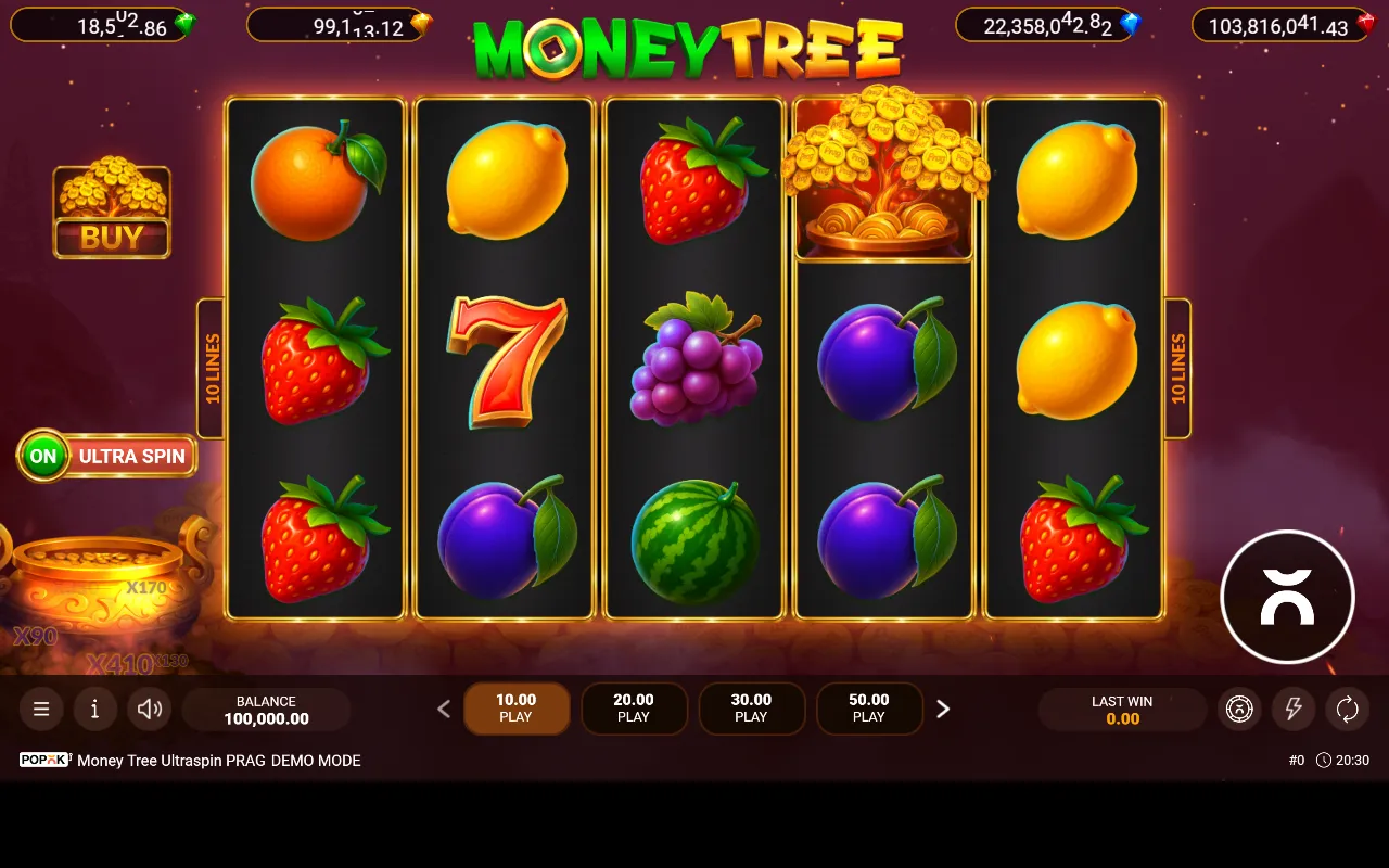 Grade de frutas 5x3 do Money Tree Ultra Spin PRAG com a árvore na quarta coluna, o botão Ultra Spin e os potes de jackpot