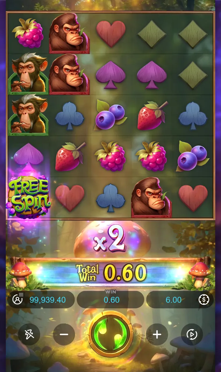 Símbolo de Free Spin sozinho no canto inferior esquerdo da grade do Monkeys Wild Party, sem outros iguais na tela