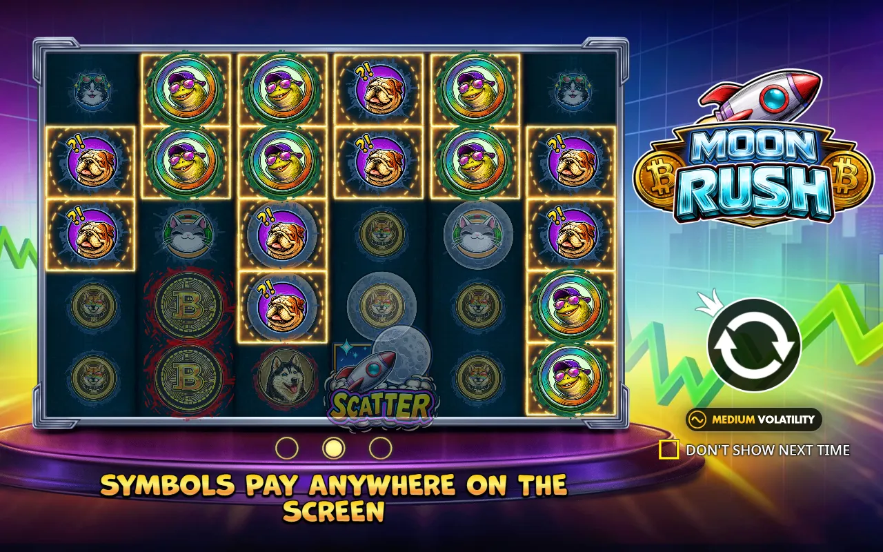 Grade 6x5 de Moon Rush com blocos de patos e cachorros destacados em posições espalhadas pela tela