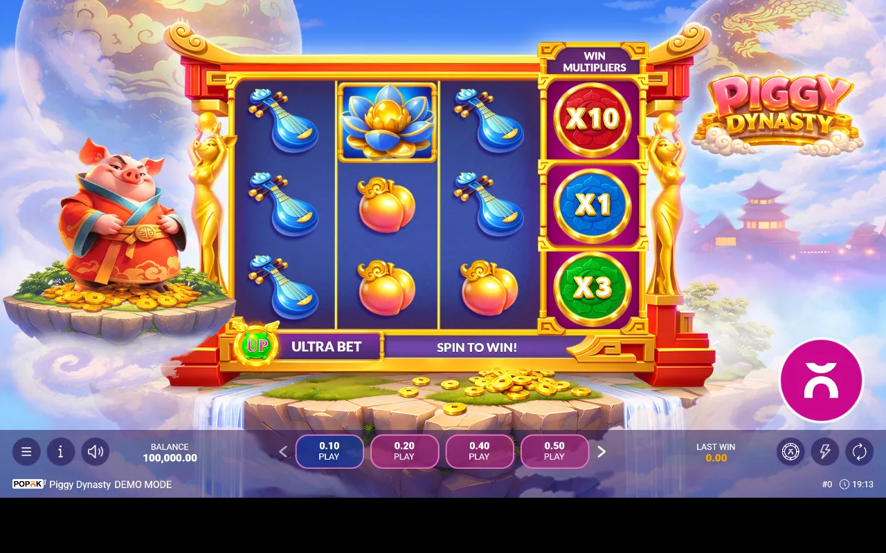 Faixa de multiplicadores do Piggy Dynasty com x10 em cima, x1 no centro e x3 embaixo