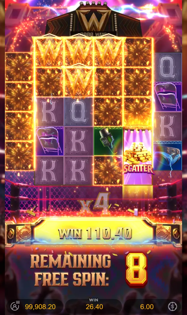 Rodada grátis do Reel Royale Showdown com o cinturão ativado, wilds preenchendo o topo dos rolos e o multiplicador em x4
