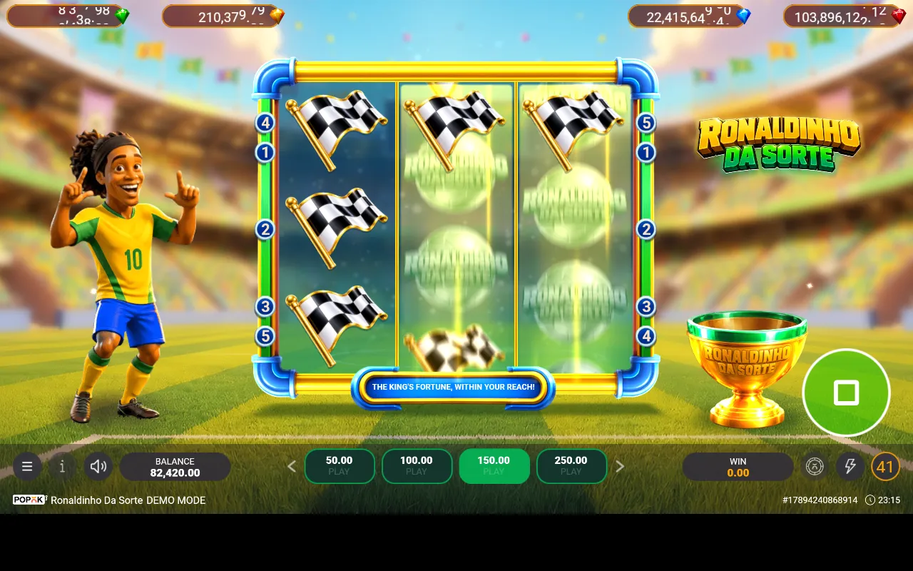 Respin do Ronaldinho Da Sorte travando bandeiras quadriculadas na grade enquanto o jogador comemora