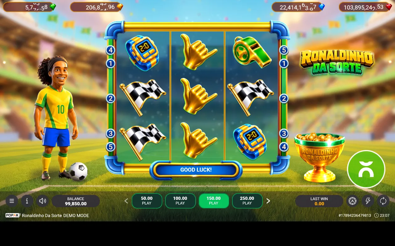 Grade 3x3 do Ronaldinho Da Sorte com os quatro contadores de jackpot e suas joias no topo da tela