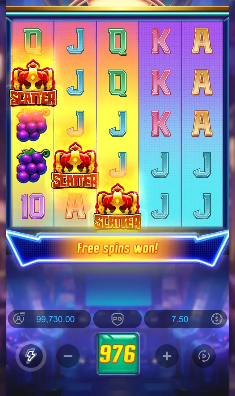 Três coroas de scatter espalhadas pelos primeiros rolos do Super Wildrix com a faixa Free spins won e o contador de giros automáticos em 976