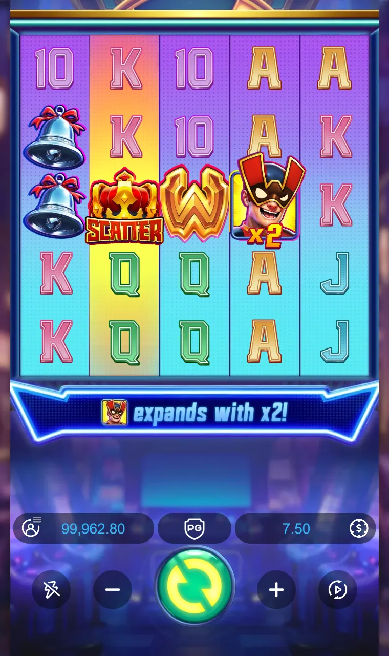 Grade do Super Wildrix com o herói mascarado e a placa x2 no rolo 4, sem nenhuma linha vencedora, e a faixa expands with x2 abaixo