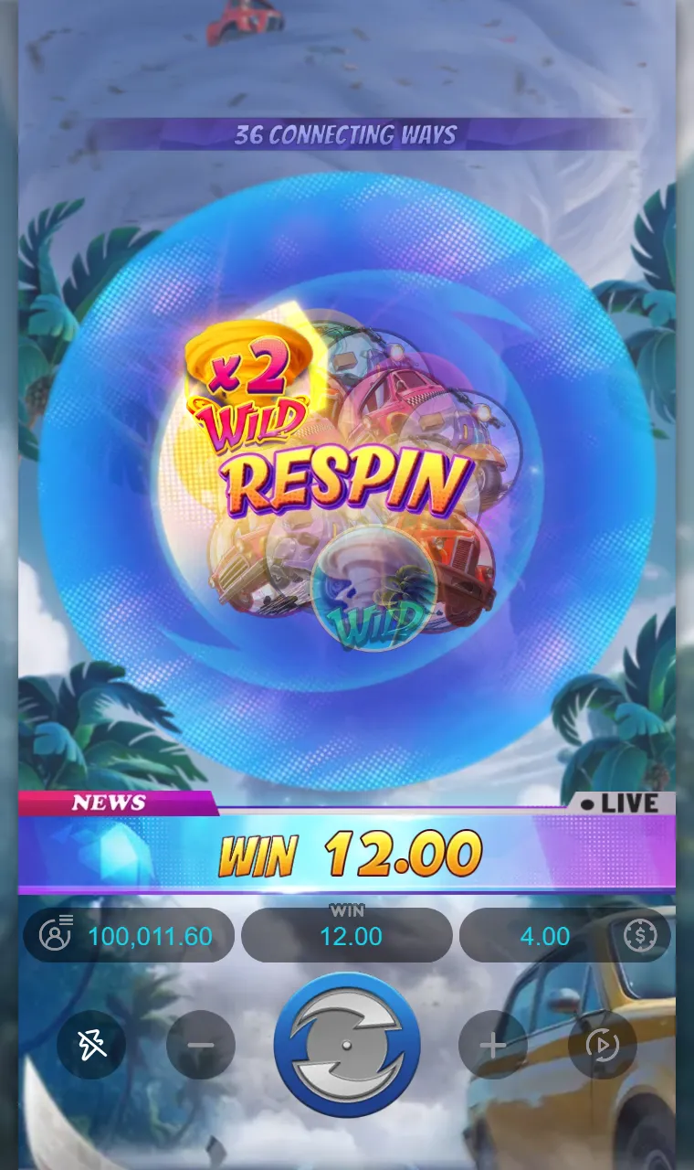 Aviso de respin no Tornado Rampage com o Golden Wild marcado em x2 girando dentro do funil do tornado