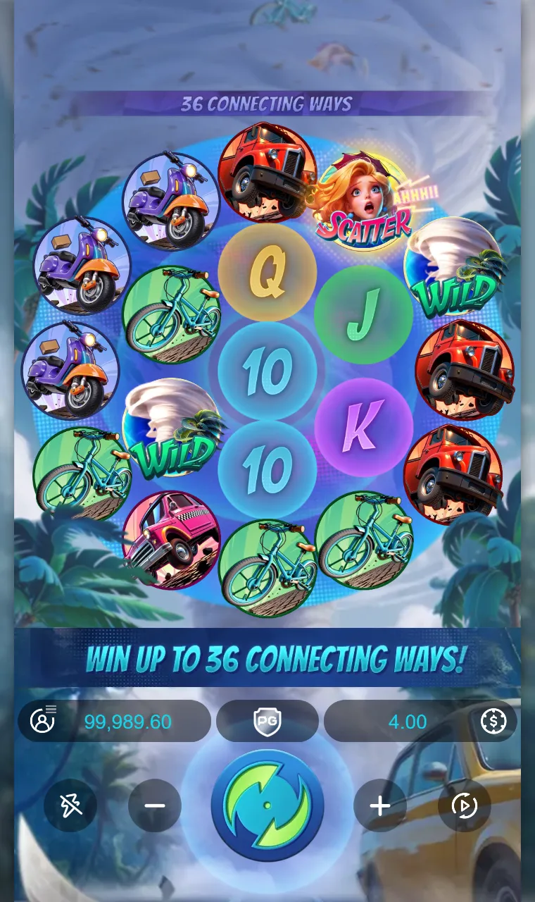 Grade circular do Tornado Rampage com 19 bolhas, dois wilds de tornado e um scatter, sem nenhuma combinação paga