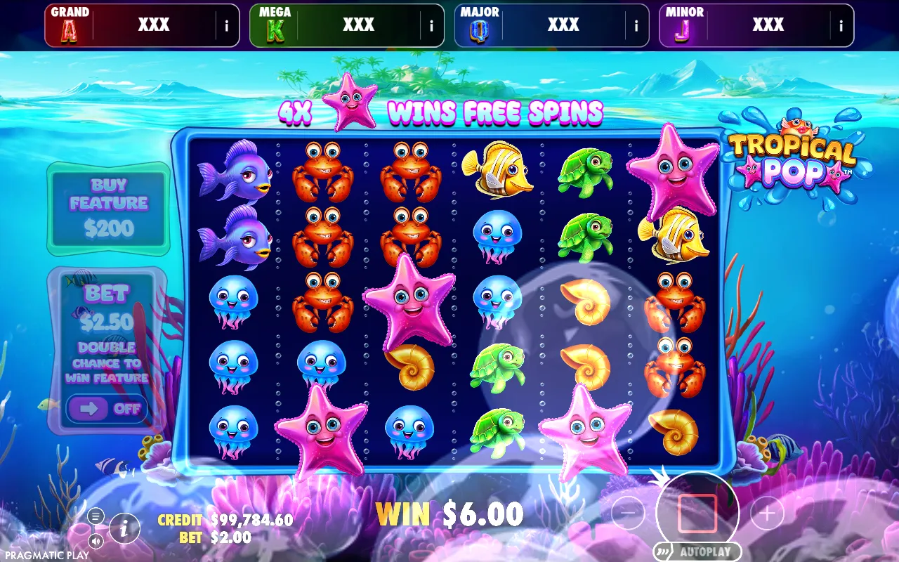 Quatro estrelas-do-mar na grade do Tropical Pop Jackpot Play abrindo os giros grátis