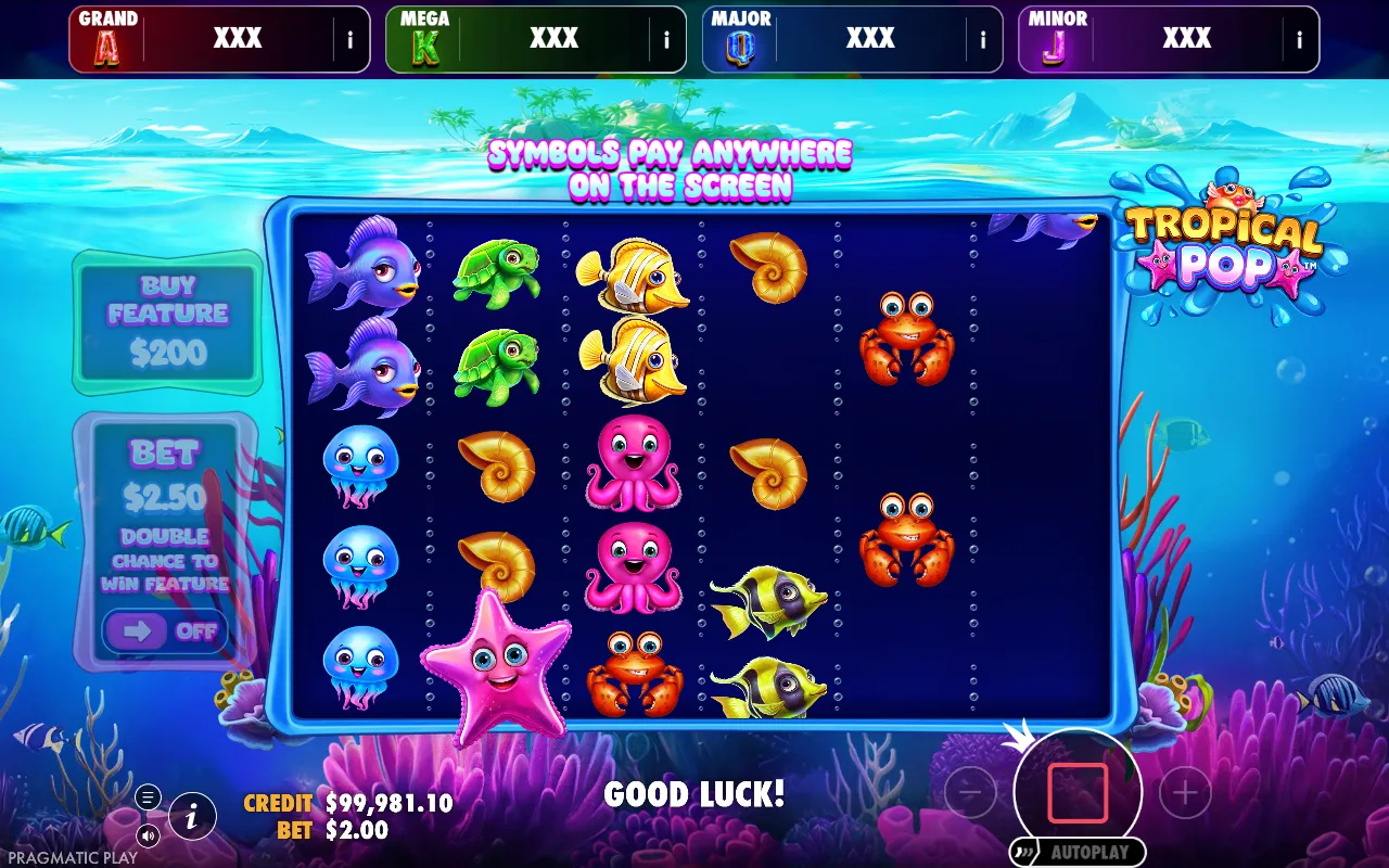 Jogo base do Tropical Pop Jackpot Play durante uma cascata, com a grade meio vazia e os quatro jackpots marcando XXX no topo