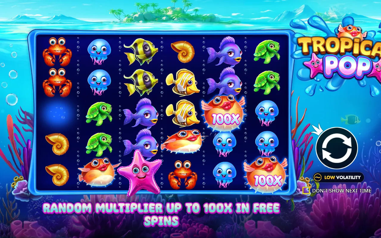 Tela de abertura do Tropical Pop Jackpot Play com baiacus de 100X na grade e o selo de volatilidade baixa