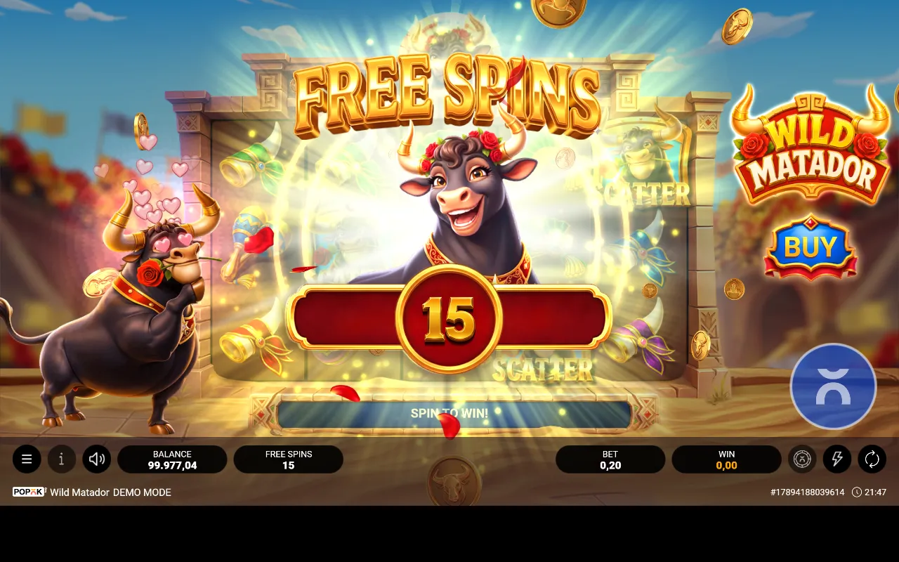 Tela de Free Spins do Wild Matador anunciando quinze giros grátis com o touro no centro