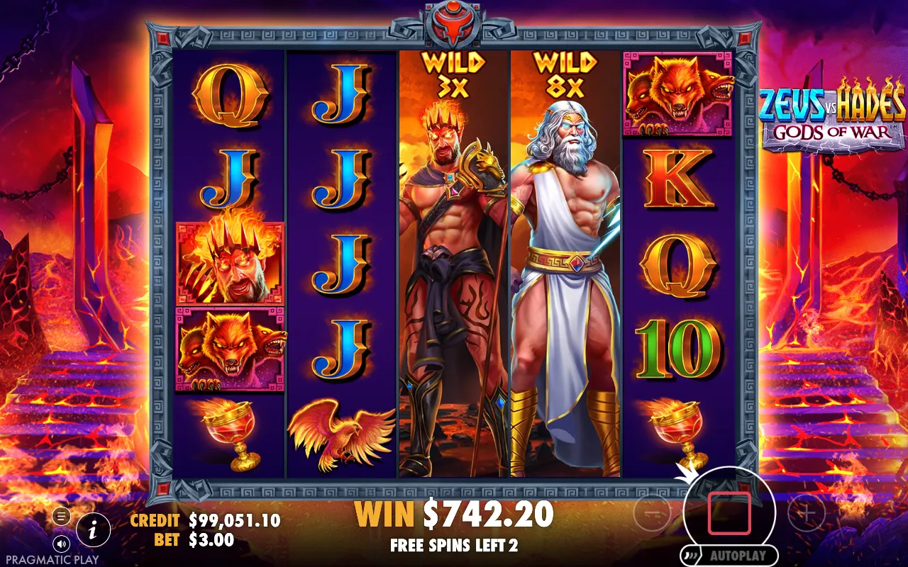 Giros grátis do Zeus vs Hades Gods of War no modo Hades com duas colunas de wild presas lado a lado