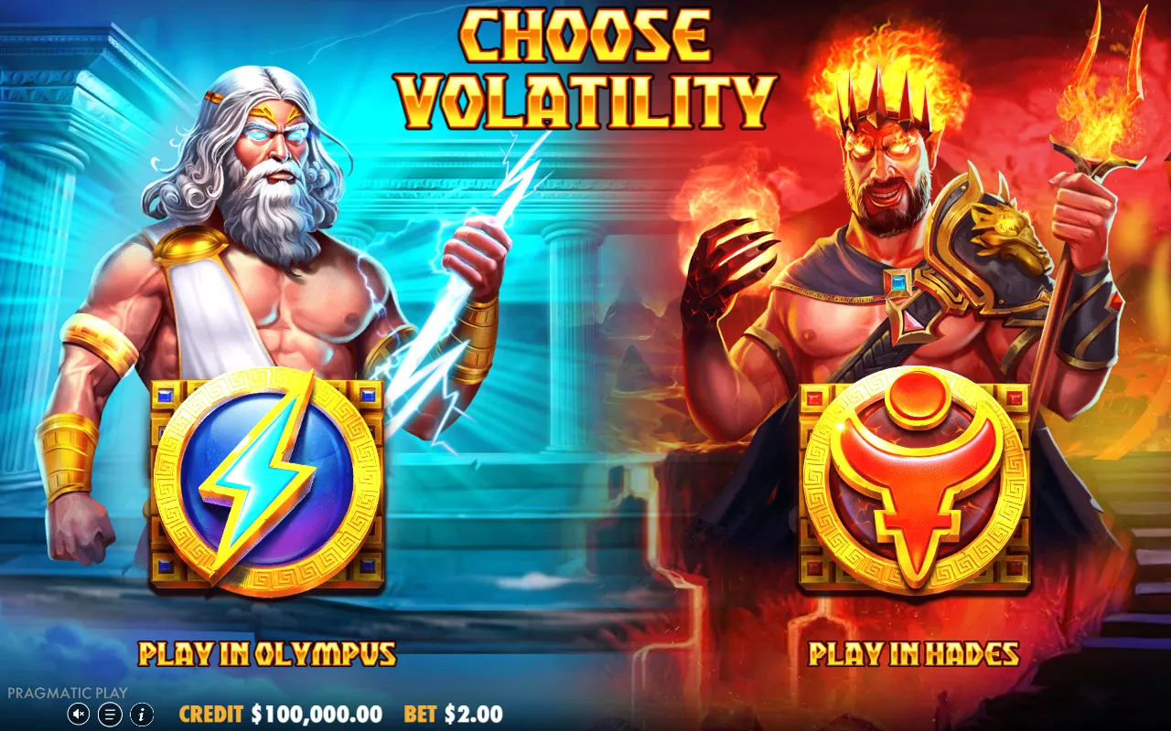 Tela de abertura do Zeus vs Hades Gods of War pedindo para escolher a volatilidade entre Olympus e Hades