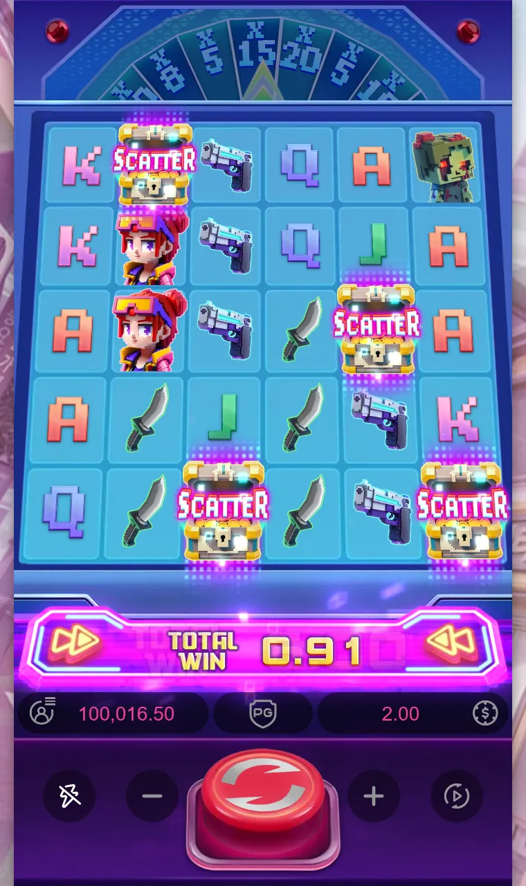 Quatro baús de scatter espalhados pela grade do Zombie Blasters, com a roda de multiplicadores apagada acima dos rolos