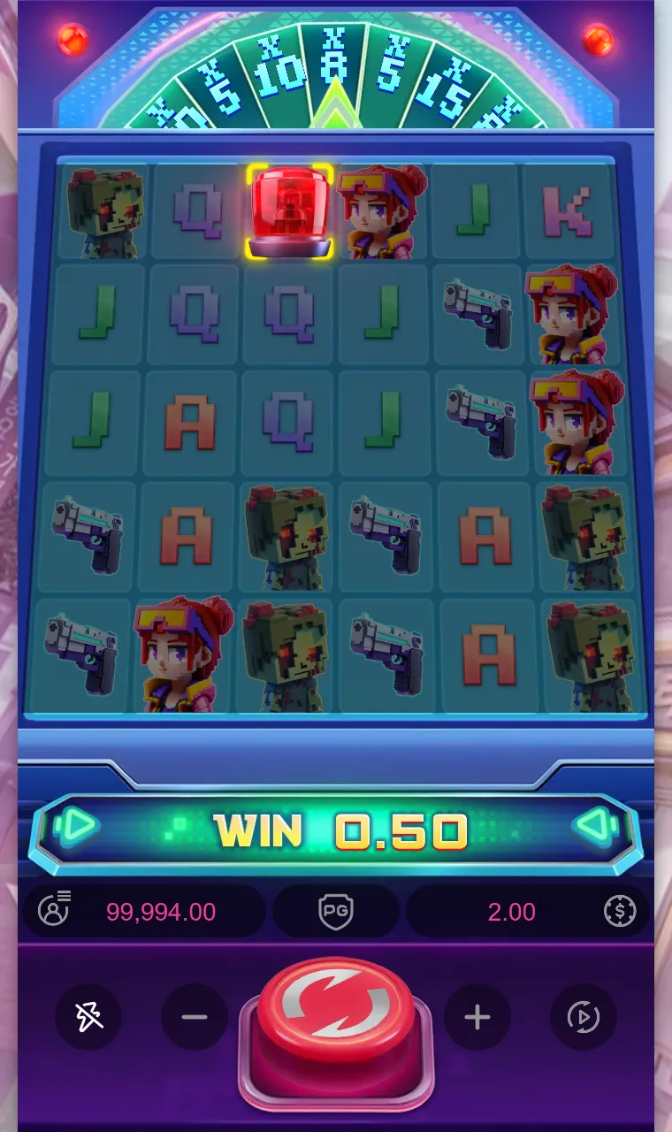 Sirene vermelha acesa no topo da grade do Zombie Blasters com a roda de multiplicadores girando acima e um ganho pequeno na barra