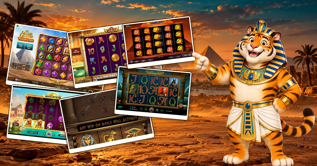 Tigre mascote com traje egipcio e telas de slots no deserto