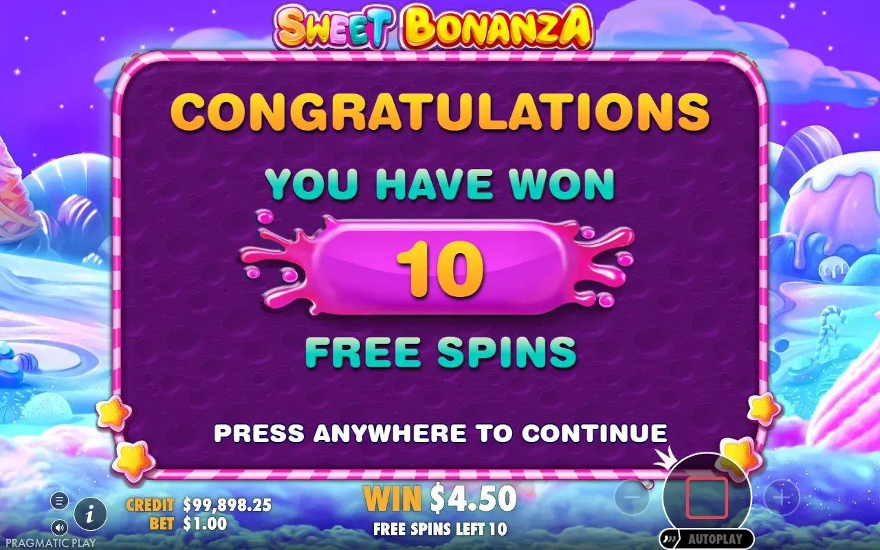 Tela de 10 giros grátis em Sweet Bonanza
