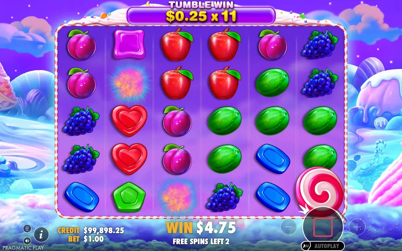Ganho em cascata multiplicado nos giros grátis de Sweet Bonanza