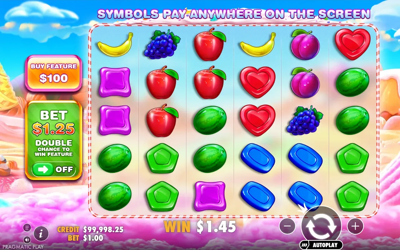 Giro do jogo base de Sweet Bonanza com ganho na grade 6x5